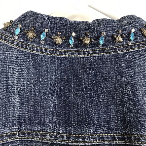 Catos Cropped Jean Jacket Womens Small Denim Blue Rhinestone Beads Button Down - Picture 5 of 9